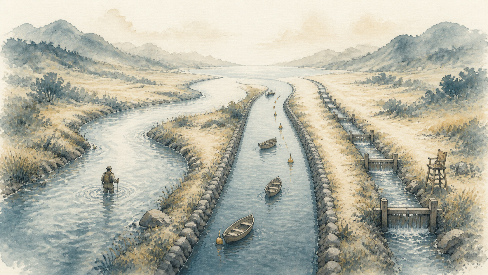 A river splits into three streams representing explore, generate, and repair