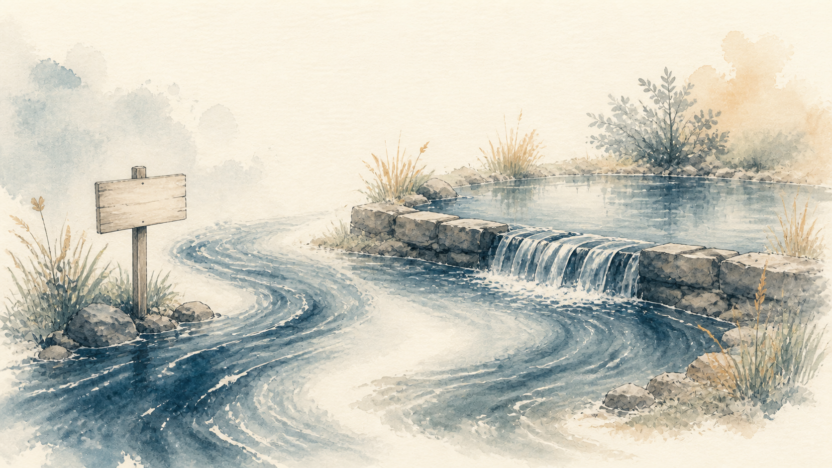 A stream ignores a blank sign but is redirected by a stone barrier